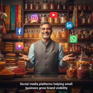 Small business owner surrounded by social media icons like Facebook, Instagram, and LinkedIn representing brand promotion and digital growth