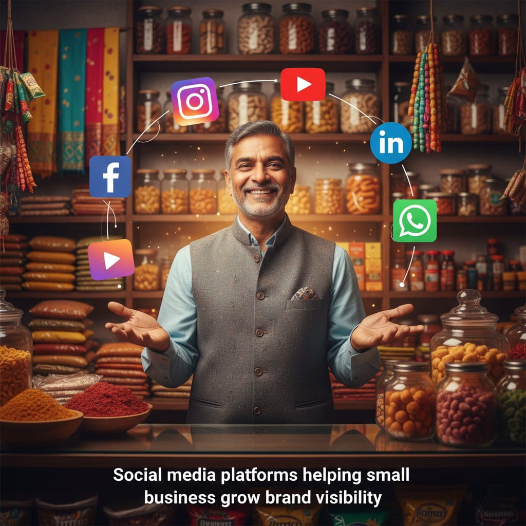 Small business owner surrounded by social media icons like Facebook, Instagram, and LinkedIn representing brand promotion and digital growth