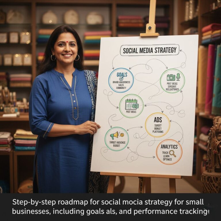 Step-by-step roadmap for social media strategy for small businesses, including goals, content planning, ads, and performance tracking